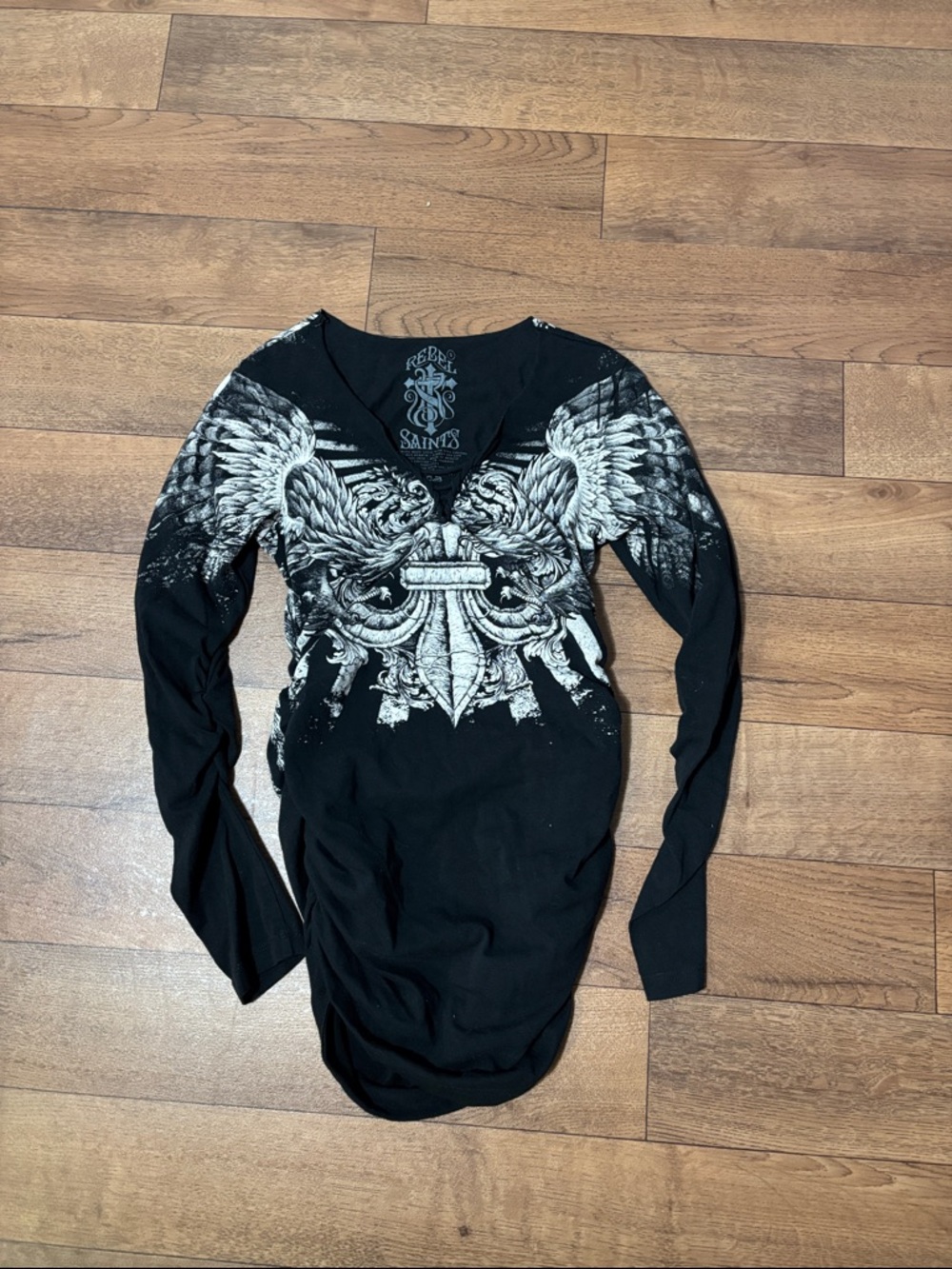 Rebel Saints black long sleeve shirt small angel wings biker goth grunge emo Y2K - Picture 6 of 6